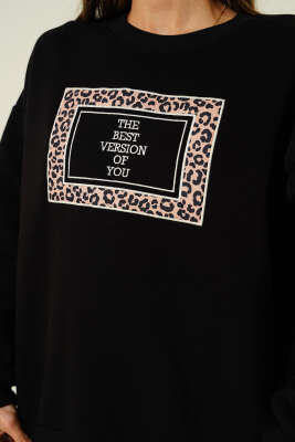 Leoparlı Nakışlı Şardonlu Sweatshirt Siyah - Kadın Giyim Modelleri