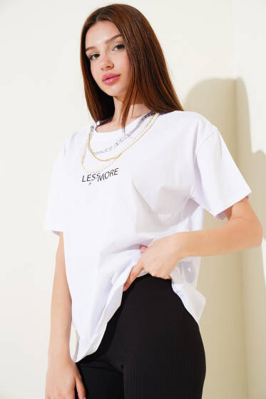 Less More İncili T-shirt Beyaz - Kadın Giyim Modelleri