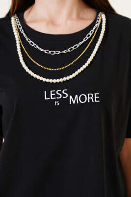 Less More İncili T-shirt Siyah - Yılın Fırsatı