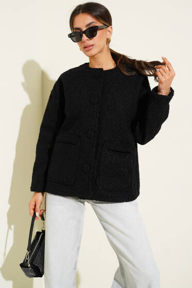 Ön Düğmeli Cep Detaylı Mont Siyah - Kadın Giyim Modelleri