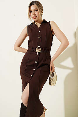 Düğme Görünümlü Kolsuz Midi Elbise Kahve - Kadın Giyim Modelleri