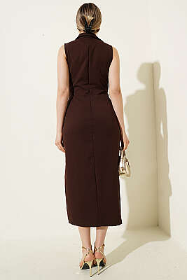 Düğme Görünümlü Kolsuz Midi Elbise Kahve - Kadın Giyim Modelleri