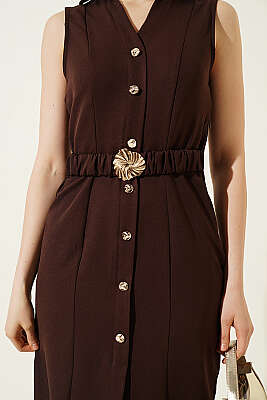 Düğme Görünümlü Kolsuz Midi Elbise Kahve - Kadın Giyim Modelleri