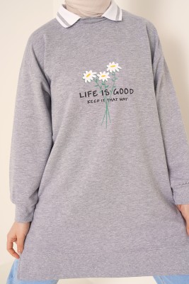 Life Is Good Baskılı Gri Tunik - Tunik