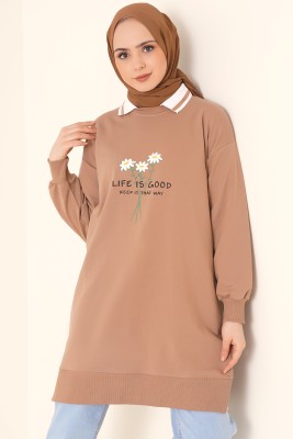 Life Is Good Baskılı Latte Tunik - BİROL TRİKO