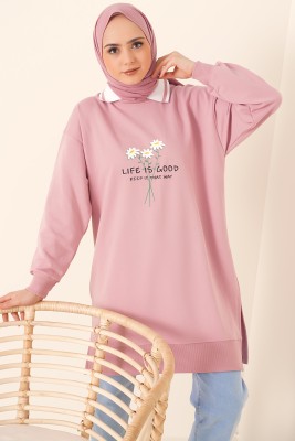 Life Is Good Baskılı Pudra Tunik - BİROL TRİKO