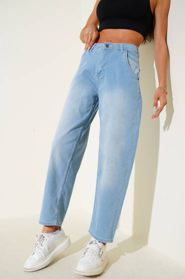 Likralı Baggy Kot Pantolon Açık Mavi - Kadın Giyim Modelleri