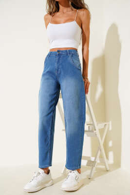 Likralı Baggy Kot Pantolon Orta Mavi - Kadın Giyim Modelleri