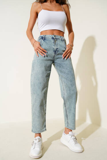 Likralı Baggy Kot Pantolon Yeşil Tint - Kadın Giyim Modelleri