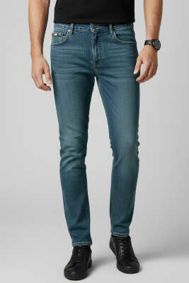 Likralı Cepli Erkek Kot Pantolon Orta Mavi - DEEP BROWN