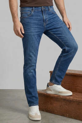 Likralı Dar Paça Erkek Kot Pantolon Koyu Mavi - DEEP BROWN