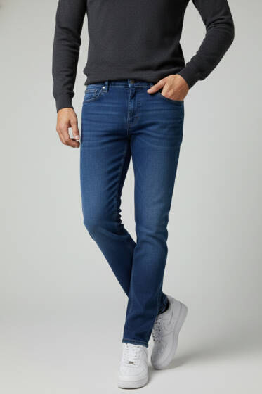 Likralı Düz Dar Paça Erkek Kot Pantolon Mavi - Erkek Pantolon
