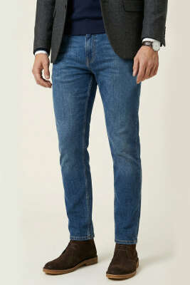 Likralı Erkek Kot Pantolon Koyu Mavi - DEEP BROWN