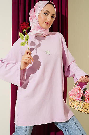 Lilyum Baskılı Basic Tunik Lila - Tunik