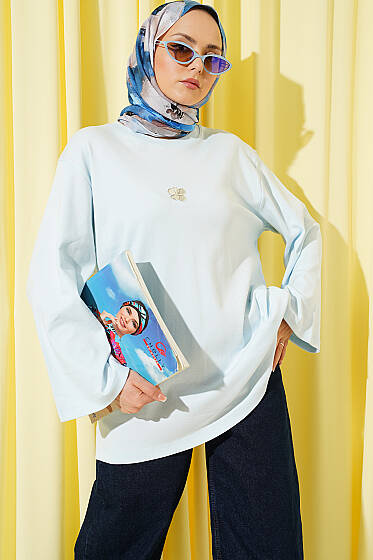 Lilyum Baskılı Basic Tunik Mavi - Tunik