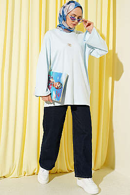 Lilyum Baskılı Basic Tunik Mavi - Tunik