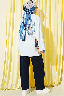Lilyum Baskılı Basic Tunik Mavi - Tunik