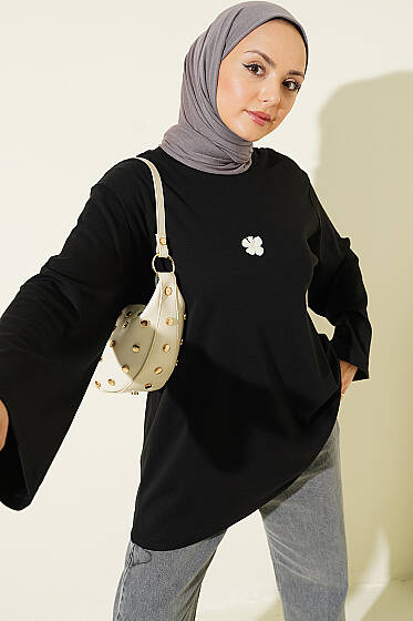 Lilyum Baskılı Basic Tunik Siyah - Tunik