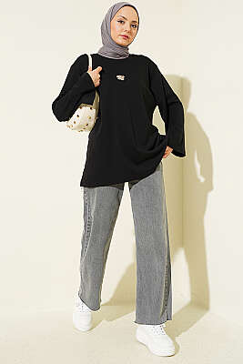 Lilyum Baskılı Basic Tunik Siyah - Tunik