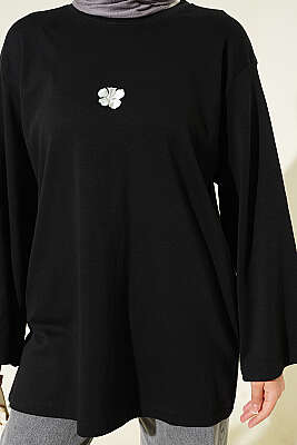 Lilyum Baskılı Basic Tunik Siyah - Tunik