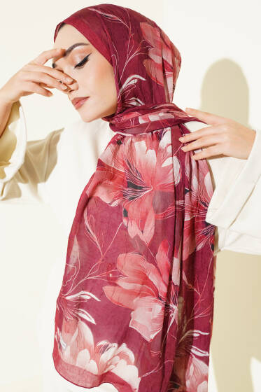 Lilyum Desen Bambu Kraş Şal Bordo - Başörtüsü