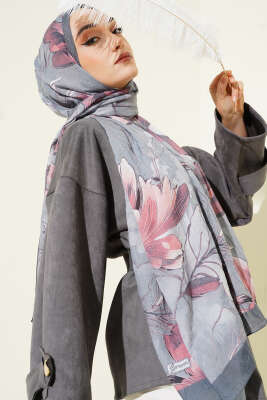 Lilyum Desen Bambu Kraş Şal Füme - Başörtüsü