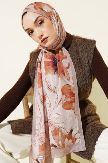 Lilyum Desen Bambu Kraş Şal Kum Bej - Başörtüsü
