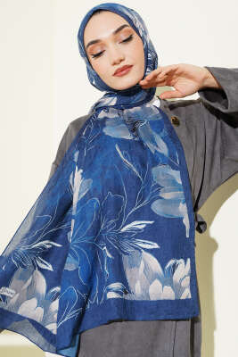 Lilyum Desen Bambu Kraş Şal Lacivert 