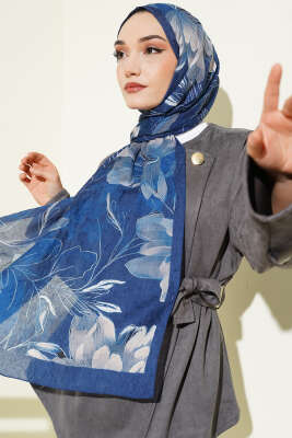 Lilyum Desen Bambu Kraş Şal Lacivert - Başörtüsü