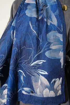 Lilyum Desen Bambu Kraş Şal Lacivert - Başörtüsü