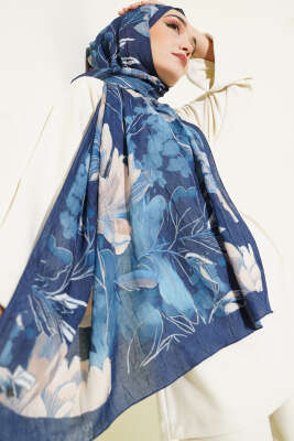 Lilyum Desen Bambu Kraş Şal Lacivert Bej - VERTU (NYD TEKSTİL)