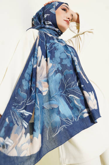 Lilyum Desen Bambu Kraş Şal Lacivert Bej - Başörtüsü