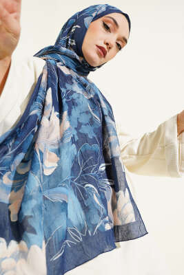 Lilyum Desen Bambu Kraş Şal Lacivert Bej - Başörtüsü