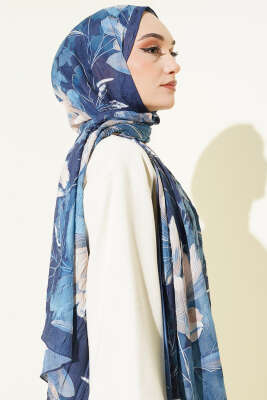 Lilyum Desen Bambu Kraş Şal Lacivert Bej - Başörtüsü