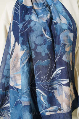 Lilyum Desen Bambu Kraş Şal Lacivert Bej - Başörtüsü