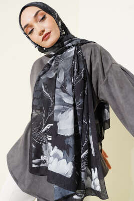 Lilyum Desen Bambu Kraş Şal Siyah 