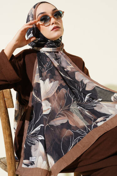 Lilyum Desen Bambu Kraş Şal Siyah Camel - Başörtüsü