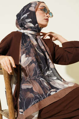 Lilyum Desen Bambu Kraş Şal Siyah Camel - Başörtüsü