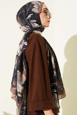 Lilyum Desen Bambu Kraş Şal Siyah Camel - Başörtüsü