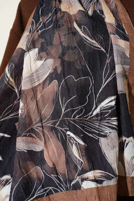 Lilyum Desen Bambu Kraş Şal Siyah Camel - Başörtüsü