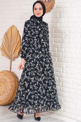 Lilyum Desenli Siyah Şifon Elbise - Thumbnail