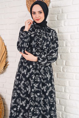 Lilyum Desenli Siyah Şifon Elbise - Thumbnail