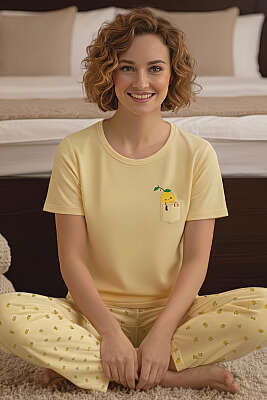 Limon Baskılı Bisiklet Yaka Pijama Takımı Sarı 