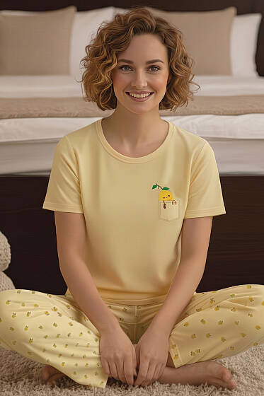 Limon Baskılı Bisiklet Yaka Pijama Takımı Sarı - Pijama
