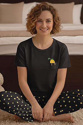 Limon Baskılı Bisiklet Yaka Pijama Takımı Siyah 