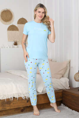 Limon Baskılı Kısa Kol Pijama Takım Mavi - Kadın Pijama Takımı