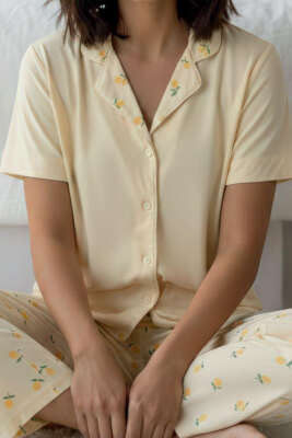 Limon Baskılı Kısa Kol Pijama Takımı Sarı - Yılın Fırsatı