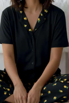 Limon Baskılı Kısa Kol Pijama Takımı Siyah - Pijama