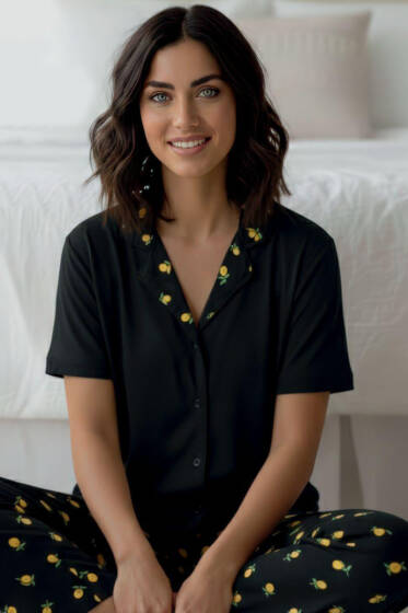 Limon Baskılı Kısa Kol Pijama Takımı Siyah - Yılın Fırsatı