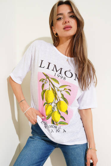 Limon Baskılı T-Shırt Beyaz - Kadın Giyim Modelleri